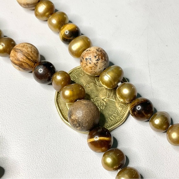 Pearl + Tiger Eye + Jasper Long Bead Necklace - Picture 4 of 6
